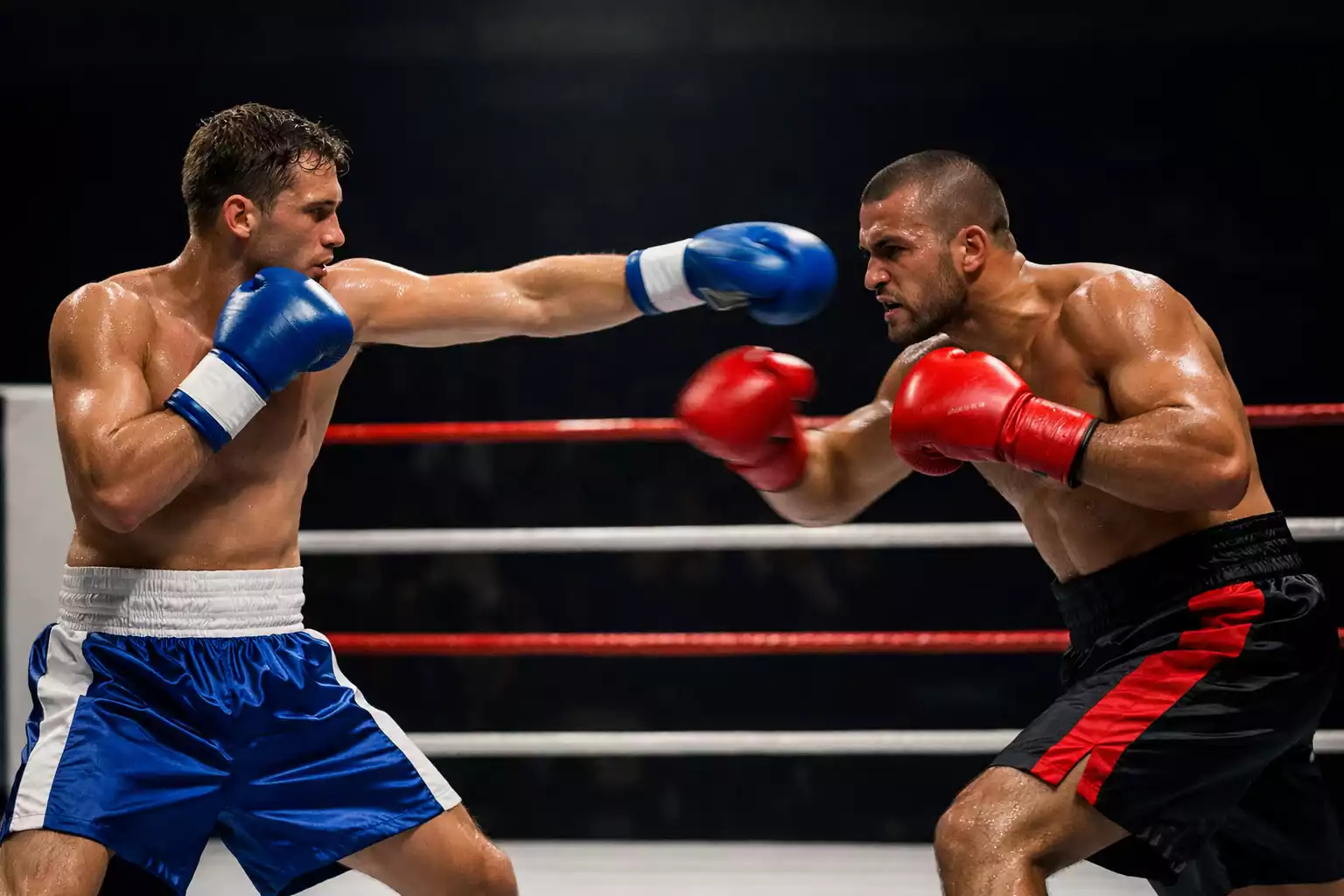 Dos boxeadores en el ring durante un combate profesional mostrando diferentes estilos de pelea