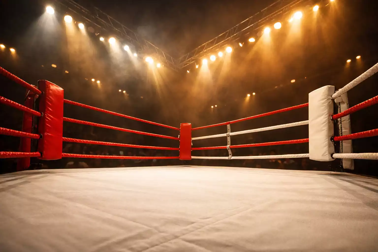 Ring de boxeo profesional iluminado con cuerdas rojas antes de un combate de apuestas deportivas