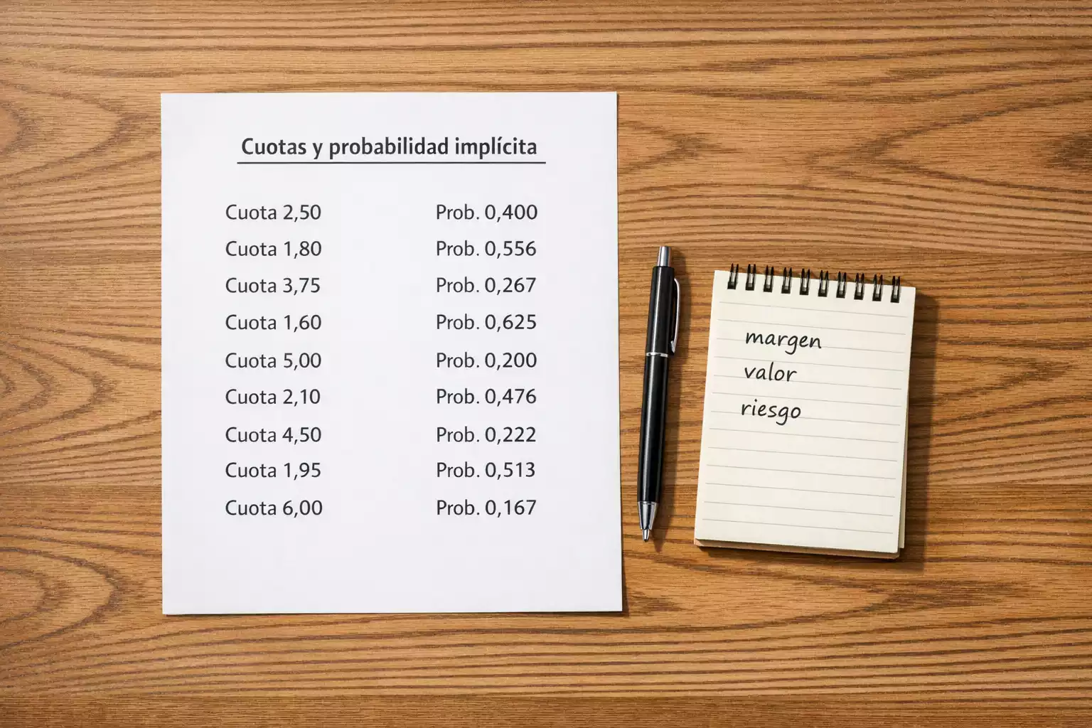 Documento con cálculos de probabilidades y cuotas de apuestas de boxeo sobre un escritorio