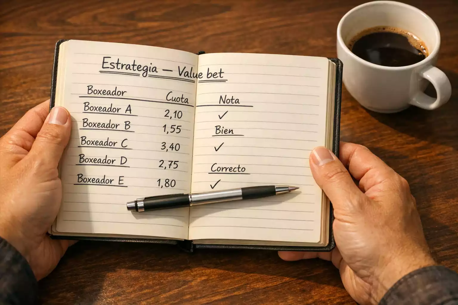 Persona analizando estadísticas de boxeadores y cuotas en un cuaderno de apuestas deportivas