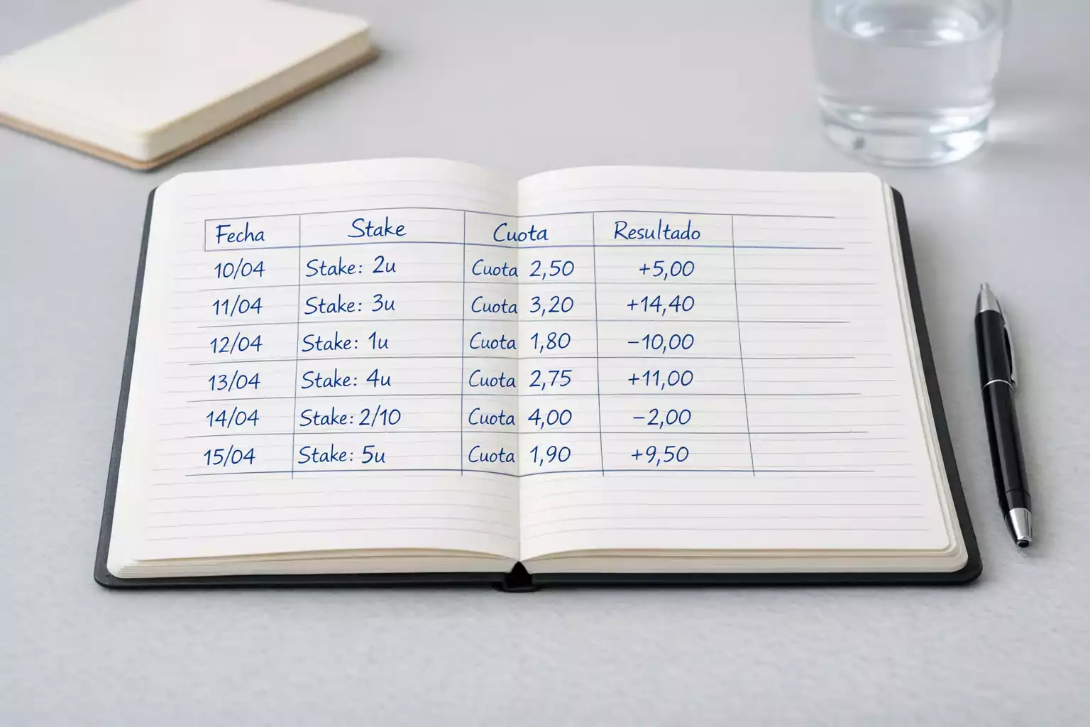 Cuaderno de gestión de banca con anotaciones de stakes y resultados de apuestas de boxeo